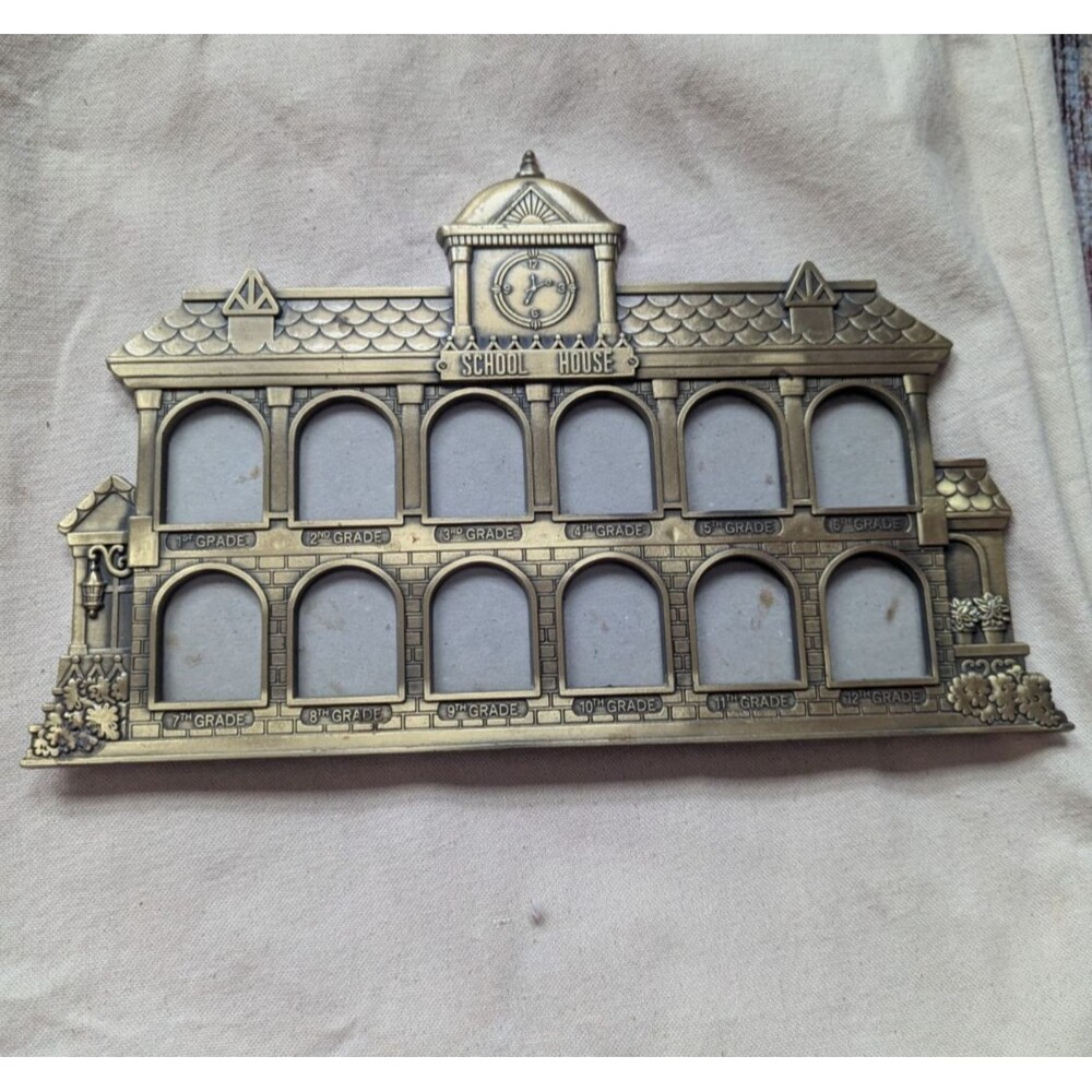 Vintage Brass School House Picture Frame  1st-12th Grade School Years Easel